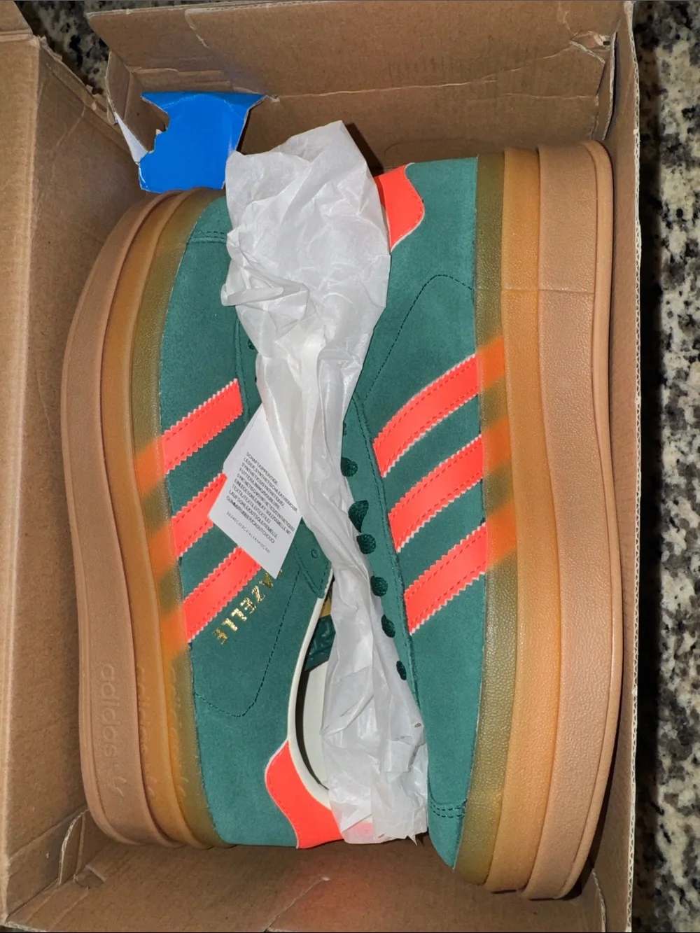 🆕 adidas Bold Triple Stack Gazelle Kids Green Suede w Orange Sneakers. 7. NWT!🔥🔥